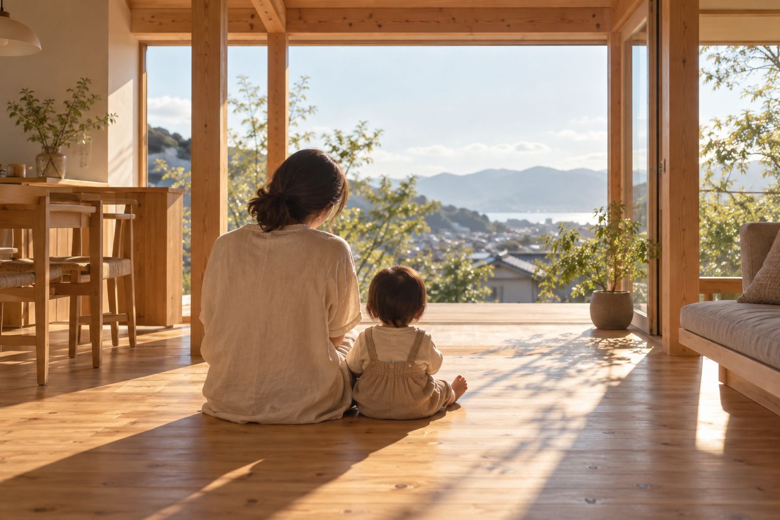 新しい家の床に並んで座る親子のイメージ